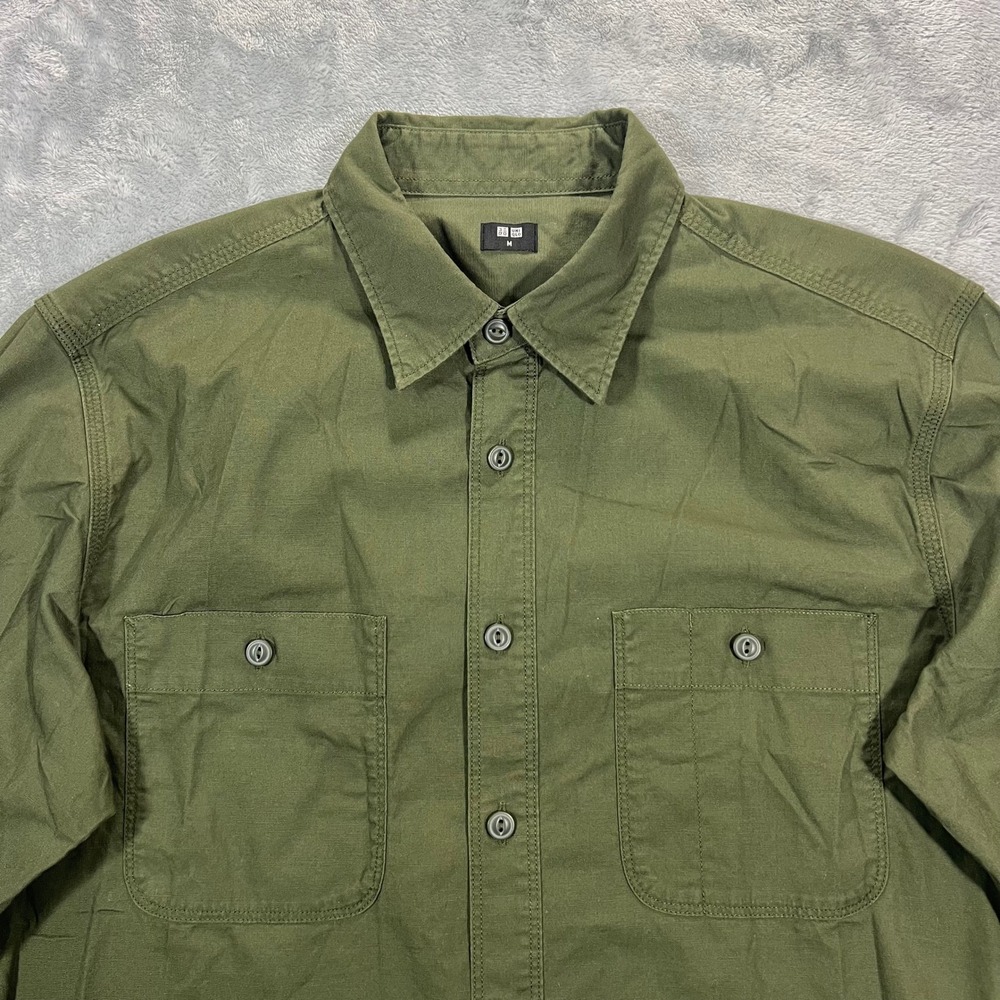 UNIQLO Washed Work Chore Shirt Unisex Medium Olive Green Military Cotton LS